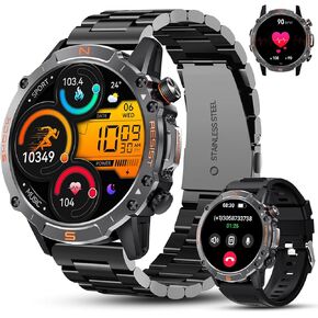 WalkerFit Smart Watch for Men- Answer/Dial Calls with 110 Sport Models,IP68 Waterproof Fitness Watch with Heart Rate Monitor,Android Smart Watch for iPhone Compatible, 1.43" AMOLED Display,Steel Black