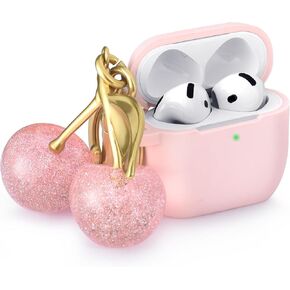 CAGOS for AirPods 4 Case with Cherry Keychain, Soft Silicone Protective Case for AirPods 4th Generation (2024) Case for Women Girls, AirPod 4 Case Accessories with Keychain, Pink