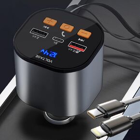 Bluetooth 5.3 Car Adapter with Retractable Charger PD 30W, FM Radio, Handsfree Calling & Audio Receiver, MP3 Music Player, LED Display Hands-Free Calling Support USB