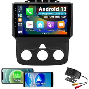 Car Stereo Radio for Dodge RAM 1500 2500 3500 2013 2014 2015 2016 2017 2018, Android 13 2G+64G Head Unit for Ram, 9 inch IPS Touch Screen Wireless CarPlay/Android Auto Bluetooth WiFi, Backup Camera