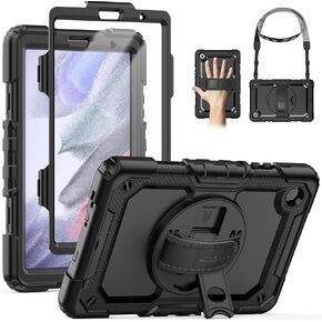 SEYMAC for Samsung Galaxy Tab A7 Lite Case 8.7" (SM-T220/ T225/ T227), Heavy Duty Full-Body Shockproof Protective Case with Screen Protector, Rotating Stand, Hand/Shoulder Strap for Tab A7 Lite, Black