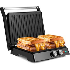SUSTEAS Panini Press Sandwich Maker and Electric Indoor Grill with Temperature Time Setting, Easy Clean Nonstick Grids, Opens 180°/105° to Fit Any Type or Size of Food, 1400W, Black