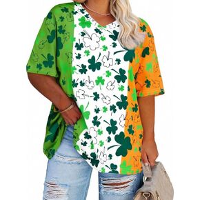 Plus Size St Patrick's Day Shirts for Women Green Lucky Short Sleeve Striped Shirt Funny Irish Holiday T-Shirt in Kuwait
