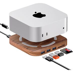 Walnut Wood Mac Mini M4 Dock Bracket, Mac Mini M4 Accessories, Mac Mini M4 Pro HUB, MacMini2024 Docking Station with 2X USB3.0 5Gbps, SD3.0/TF3.0 Card Readers-AJM4-H