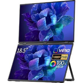 18.5" Dual Screen Portable Monitor Set 100Hz, 100% sRGB, 1080P HDR - 330° Rotation, Folding Design Versatile Solution for Laptop, PC, Phone, Game Console Includes Stand and VESA Mount Plug and Play