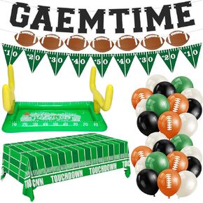 63 Pcs Football Party Supplies Kit Including Inflatable Football Beverage Cooler, Pre-Strung Game Time Football Banner, Disposable Tablecloth and Balloons Sports Party Decorations