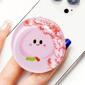 Cute Pink Peach Phone Grip - Quicksand Glitter Collapsible Phone Holder Stand- Compatible with iPhone and Kindle, Phone Charm and Accessories for Girls Women