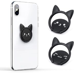 (Pack of 2) Cat Cell Phone Ring Holders - Ultra-Slim Metal Finger Grip - 360° Rotation & 180° Flip - Universal Phone Kickstand for Magnetic Car Mount - Compatible with All Smartphones