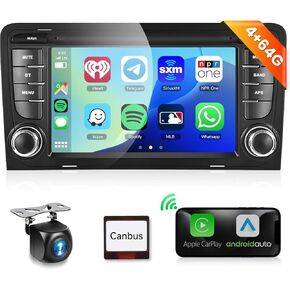 Podofo 4G 64G Car Stereo for Audi A3 S3 RS3 Radio with Wireless Carplay DSP 32EQ,7 inch IPS Touch Screen Android Auto GPS 5.0Bluetooth WiFi FM/RDS AI Voice Network Radio AHD Backup Camera
