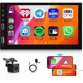 7 Inch Double Din Car Stereo with Wireless Carplay Android Auto, IPS Touch Screen Car Radio with Bluetooth,Mirror Link,EQ,SWC,FM Radio,USB/AUX, Car Audio Receivers with Camera