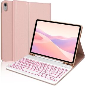 JADEMALL Keyboard Case for iPad 10th Generation 10.9 Inch - 7 Colors Backlit Wireless Detachable Folio Keyboard Cover with Pencil Holder Rechargeable Keyboard for New iPad 10th Gen 2022- Sugar Pink