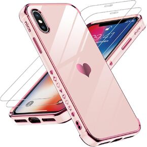 LeYi for iPhone X Case iPhone Xs Case: with Tempered Glass Screen Protector [2 Pack] + Full Camera Lens Protection, Love Heart Plating Women Cute Luxury Soft TPU Shockproof for iPhone X/XS Case, Pink