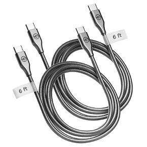 GALVANOX Pet Proof USB-C to USB-C Charger Cables (2 Pack) - 6 Foot Braided Metal Ultra Durable Type C Charging Cords (Gunmetal)
