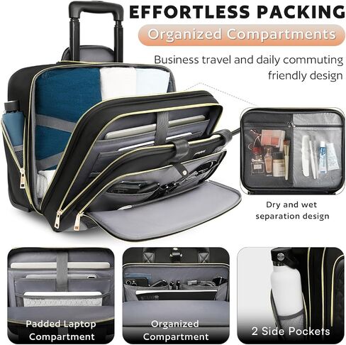 Rolling Laptop Bag Women, Rolling Briefcase for Women with Waterproof Pocket, 17.3 Inch Computer Bag for Women, Underseat Carry On Luggage with Wheels for Work Travel Business, Lightweight Black in Kuwait