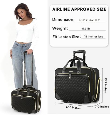 Rolling Laptop Bag Women, Rolling Briefcase for Women with Waterproof Pocket, 17.3 Inch Computer Bag for Women, Underseat Carry On Luggage with Wheels for Work Travel Business, Lightweight Black in Kuwait