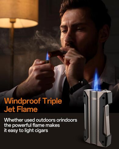 Cigar Torch Lighter, All-in-1 Cigar Lighter with Built-in Cigar Punch, Holder, and Draw Enhancer, Triple Jet Flame Refillable Butane Lighter for Smoking, Cigarette Lighter Gift for Men in Saudi Arabia