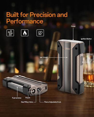Cigar Torch Lighter, All-in-1 Cigar Lighter with Built-in Cigar Punch, Holder, and Draw Enhancer, Triple Jet Flame Refillable Butane Lighter for Smoking, Cigarette Lighter Gift for Men in Saudi Arabia