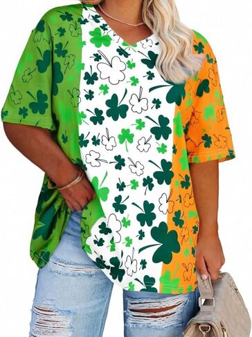 Plus Size St Patrick's Day Shirts for Women Green Lucky Short Sleeve Striped Shirt Funny Irish Holiday T-Shirt in Kuwait