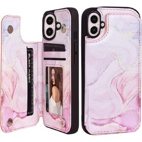 Women Phone Wallet Case Compatible for iPhone 16 with Card Holder,Premuim Leather with Flowers add Good Feelings Charms,Easily 3 Cards,Kickstand,Raised Coner Protections (Marble Pink)