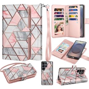 Takfox Wallet Case for Samsung Galaxy S25 Ultra, Galaxy S25 Ultra Case, PU Leather Credit Card Holder [9 Card Slots] Folio Flip Detachable Magnetic Cover Kickstand & Lanyard, Marble