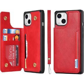 iCoverCase Compatible with iPhone 14 Pro Wallet Case with Card Slots Holder and Wrist Strap PU Leather Kickstand Double Magnetic Clasp Shockproof Cover Case 6.1 Inch (Red)
