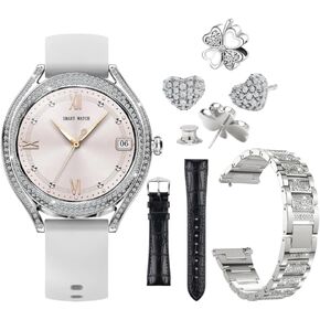 Smart Watch for Women Silver Sparkling Diamonds. IP67 Waterproof AMOLED 1.28 inch Fitnes Tracker Sports Modes for Android iPhone iOS Exclusive Set Pins Gift 3 Different Straps