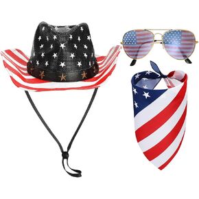 3 Pcs American Flag Cowboy Hat with Bandana and Glasses Vintage Outdoor USA Hats with Strap Western Party Memorial Day(USA Flag)