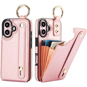 Folosu for iPhone 16 Wallet Case with Card Holder, Hand Wrist Strap Loop Holder Kickstand, RFID Blocking Finger Grip Ring PU Leather Double Buttons Shockproof Cover 6.1" Rose Gold