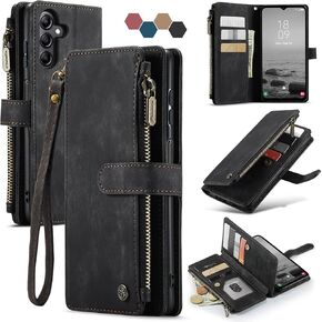 Samsung Galaxy A14 5G Wallet Case with Card Holder Kickstand Magnetic Zipper Pocket Lanyard Strap Wristlet,Leather Flip Case Wallet for Samsung Galaxy A14 5G 6.6 Inch (Black)