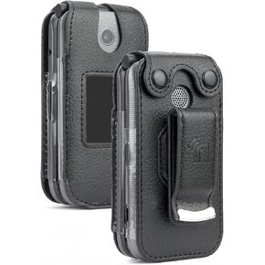 Case for Coolpad Belleza Flip Phone, Nakedcellphone [Black Vegan Leather] Form-Fit Cover with [Built-in Screen Protection] and [Metal Belt Clip] for CP3321AT