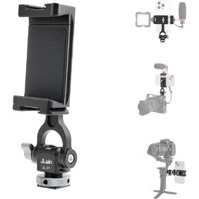 Fotga Universal 360° Rotatable Cell Phone Smartphone Support Clamp Clip Tripod Mount with Cold Shoe Adapter for iPhone 14 15 16 Samsung etc, 2 Cold Shoe Mount 1/4" 3/8" Holes for Microphone LED Light