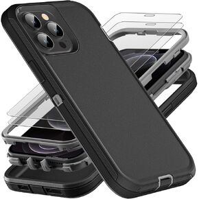 for iPhone 12 Pro Max Case, Military Grade 3 in 1 Heavy Duty Shockproof/Drop Proof/Dust Proof Case with 2Pcs Tempered Glass Screen Protector (Black/Grey)
