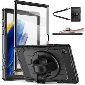 for Samsung Galaxy Tablet A8 Case 10.5 inch 2022 SM-X200/X205/X207 with Screen Protector [360 Rotating Stand] &Hand Shoulder Strap Shockproof Rugged Protective Cover|Black