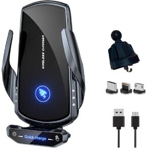 Wireless Car Charger Car Phone Holder Mount Wireless Charging 15W Fast Charging Auto Clamping Phone Mount for Car Wireless Charger fit for All Android Smartphone (Black)