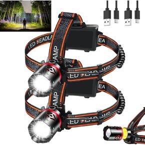 Rechargeable Headlamp 2Pack,150000LM Bright LED Head Lamp, Headlamp for Forehead, 90°Adjustable Focus Headlight, Zoomble & Waterproof, 4Mode Headlamp for Camping Hunting Hiking