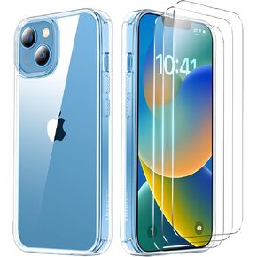 [4 in 1 Designed for iPhone 14 Case/iPhone 13 Case, with 3 Pack Tempered Glass Screen Protector [Non-Yellowing ] [Military Drop Protection] Shockproof Slim Fit 6.1 Inch (Clear)