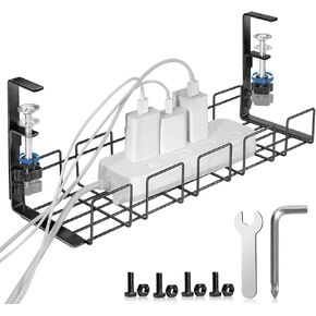 Under Desk Cable Management Tray No Drill, Metal Cord Management Under Desk Basket with Clamp, Inward or Outward Computer Wire Organizer for Desk, Office Home Cable Organizer Rack Shelf Black (Black)