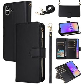 Wallet Case for Samsung Galaxy A04e with Wrist Strap Crossbody Shoulder Strap Leather Zipper Flip Purse Card Holder Slots Protector Stand Cell Accessories Phone Cover AO4e A 04e Girls Black