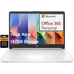 HP 14 Laptop (14" Micro-Edge, Intel N4120, 16GB RAM, 192GB(64GB eMMC+128GB SD), 1-Yr Microsoft 365, 11-Hrs Long Battery Life, Narrow-Bezel, Webcam, WiFi, Win 11 Home in S Mode, Student & Home, White