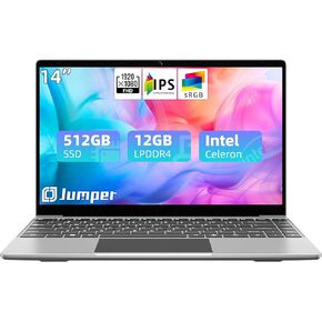 jumper Laptop, 12GB LPDDR4 RAM, 512GB SSD ROM, 14 Inch 1080p FHD IPS Screen, Windows 11 Laptops Computer with Celeron 4-Core Processor, UHD Graphics 600, 2 Stereo Speaker, Portable.