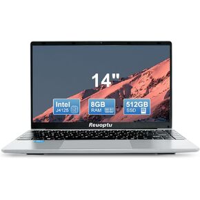 Reuoptu 14.1 بوصة محمول 8 جيجا بايت ذاكرة الوصول العشوائي 512GB SSD Ultra Slim Portable Business Office Game Captop ， Windwos11 OS مع Celeron J4125 Processor Laptop Computers (Silver)