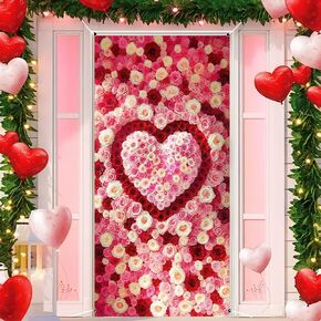 Valentine's Day Door Cover Backdrop Photo Background 70x35 Heart-Shaped Rose Design for Romantic Decorations Indoor Outdoor Decoration
