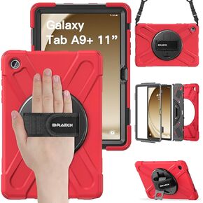 BRAECN for Samsung Galaxy Tab A9 Plus Case 11 Inch 2023, Shockproof Hard Duty Case with Screen Protector &360 Rotating Stand&Hand Strap/Shoulder Strap for Galaxy A9 Plus Tablet-Black