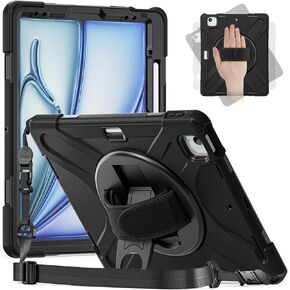 ZenRich iPad Air 6th Generation Case M2 13 Inch 2024, A2898 A2899 A2900 Case Rugged Heavy Duty with Kickstand/Hand Strap/Pencil Holder/Shoulder Strap, Black