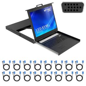 MT-VIKI 16 Port VGA KVM Switch, 19'' LCD KVM Console w/Keyboard Monitor Mouse Drawer Touchpad, Support OSD/Hotkey/Panel Button Switching (Included 16 KVM Cables)