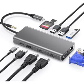 USB C Docking Station, 12 in 1 USB C Hub Multiple Adapter with 2HDMI 4K, VGA, 100W PD, Gigabit Ethernet, 4USB-A, Mic/Audio, SD/TF Card Reader for Thunderbolt3 MacBook Pro/ipad/Dell/HP/Surface/Lenovo