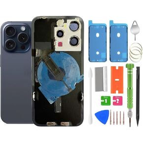 15 Pro Back Glass Replacement with Wireless Charging Flex Cable, Camera Frame All Parts for iPhone 15 Pro (6.1 Inch) Back Glass Replacement with Kit and Waterproof Tape (Blue Titanium)