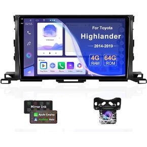 4+64G Car Stereo Radio for Toyota Highlander 2014-2019 with Carplay Android Auto, 10 Inch QLED 1280x 720 Touch Screen Android Car Radio with Bluetooth GPS WiFi FM Radio with Backup Camera