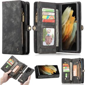 Compatible with Samsung Galaxy S25 Ultra Leather Wallet Detachable Magnetic Case with Zipper Pocket Card Holder S25Ultra Full Cover Detachable Wallet case with Hand Strap for Women Man (Black)