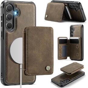 Compatible with Magsafe Wireless Charing for Samsung Galaxy S25 Wallet Case, RFID Blocking Card Holder Magnetic 2 in 1 Detachable Wallet Kickstand Case, Brown